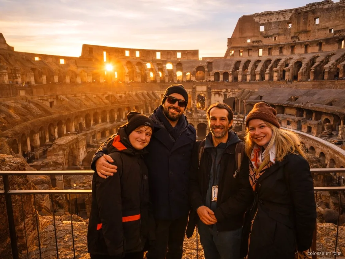 Engelsktalande guide leder Colosseum solnedgångstur