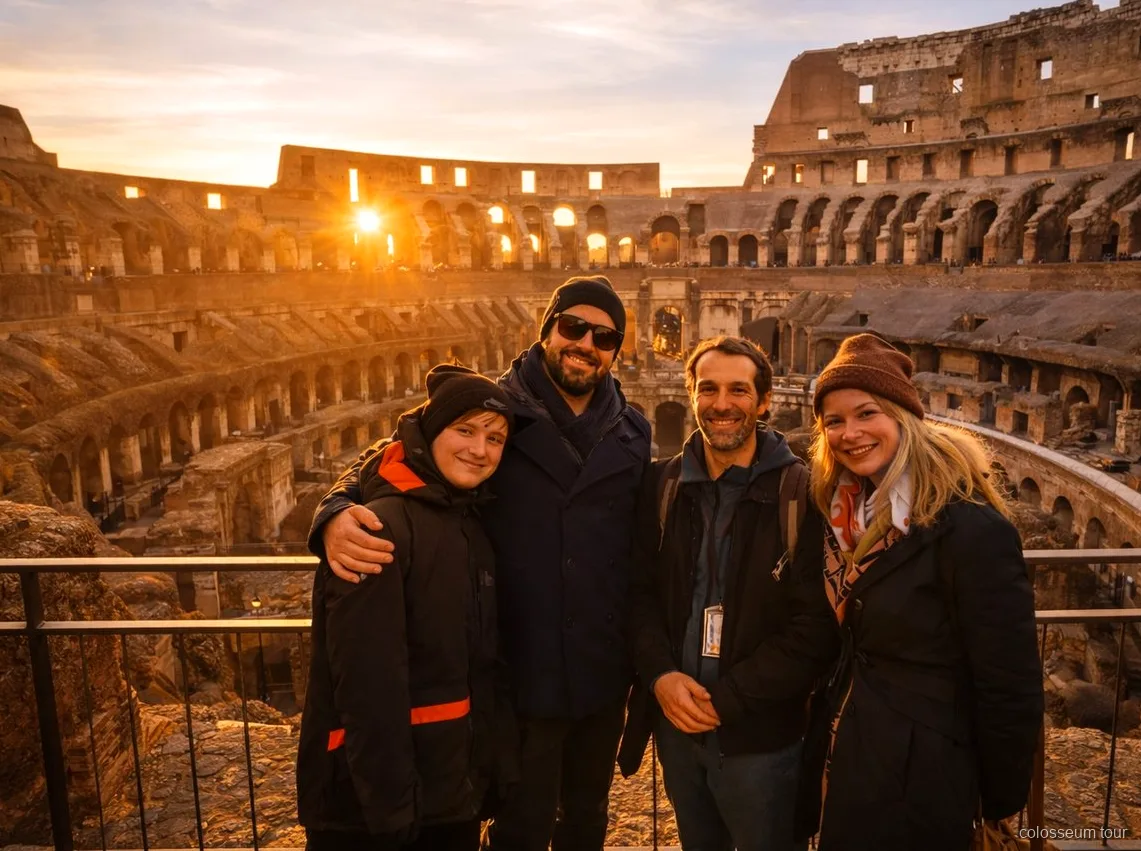Guía de habla inglesa liderando el tour del Coliseo al atardecer